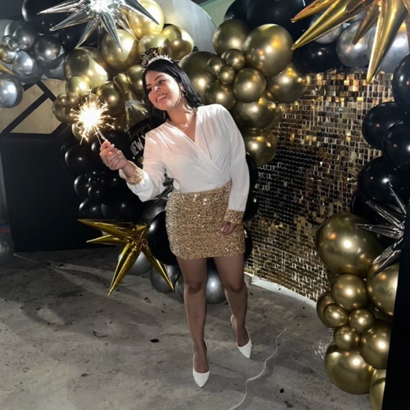 2 in 1 Party Dress White Top Sewn Together with Gold Sequin Skirt Mini - Picture 10 of 15